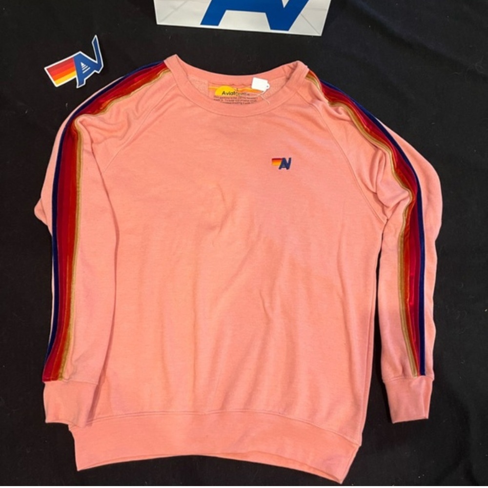 Aviator Nation Pink Crewneck with Rainbow Stripes
